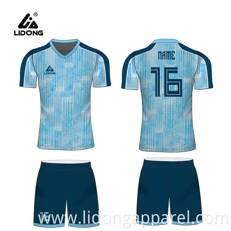 Oem Full Sublimation Printing Quick Dry Fabric Blue White Mens Team Soccer Wear Youth Football Uniforms
